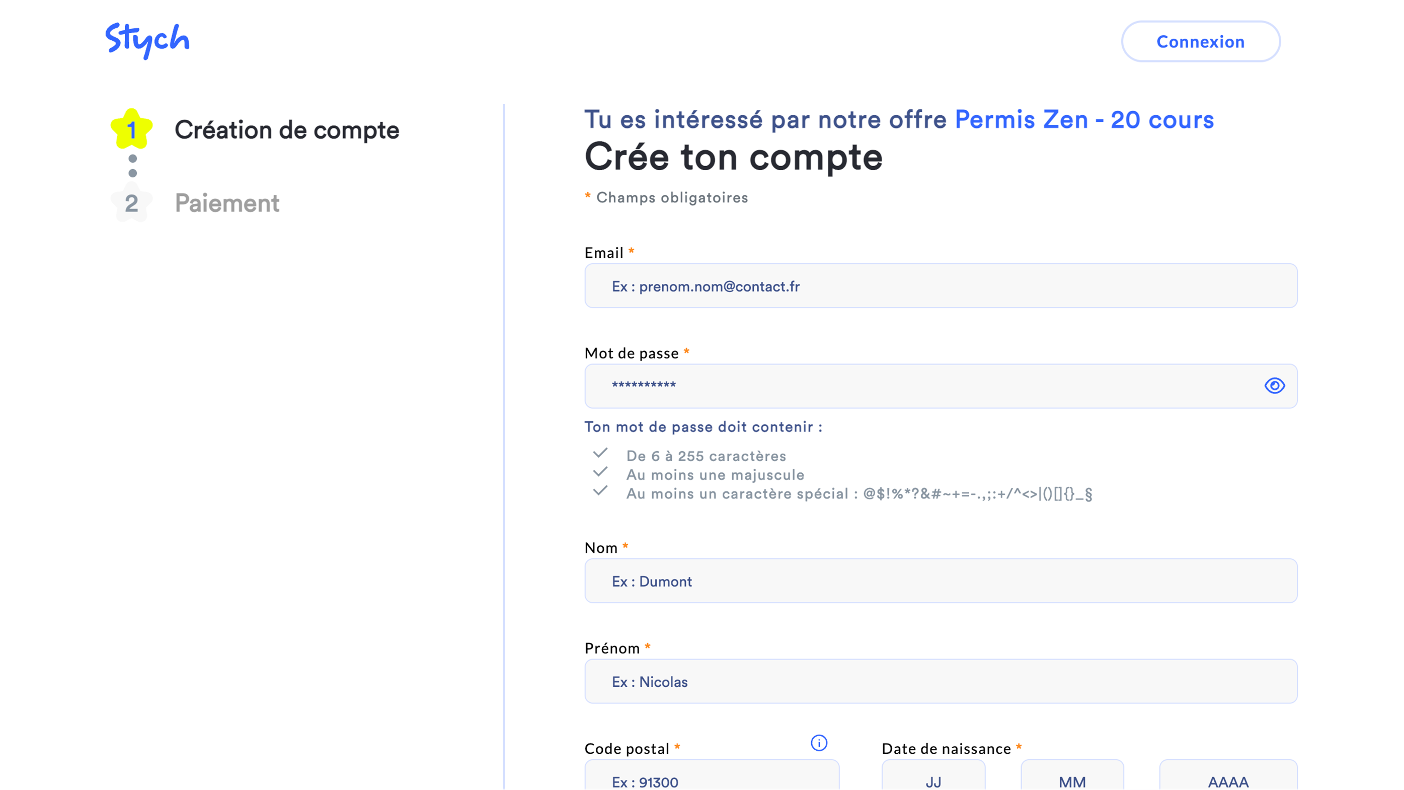 Formulaire d'inscription gratuit pour créer son compte élève sur Stych
